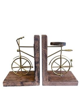 Vintage inspired Gold Metal Bicycle Bookends with Rustic Wood Base - Pair